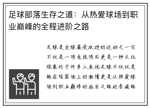 足球部落生存之道：从热爱球场到职业巅峰的全程进阶之路